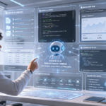 Agente de IA executando tarefas reais em painel futurista com automação, código, arquivos e ferramentas digitais.