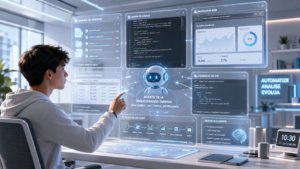 Agente de IA executando tarefas reais em painel futurista com automação, código, arquivos e ferramentas digitais.