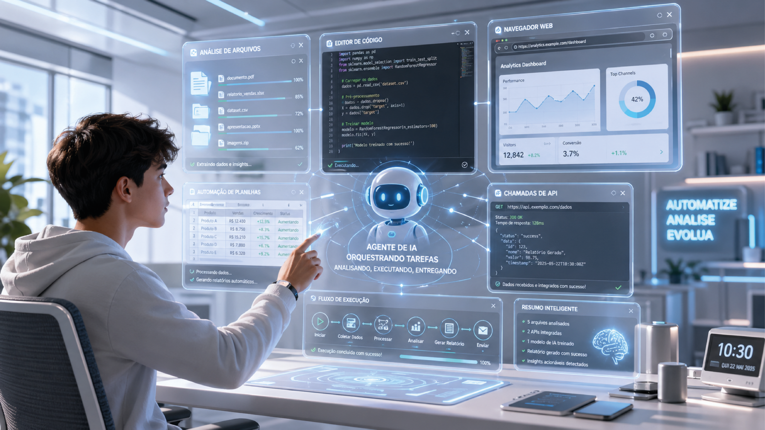 Agente de IA executando tarefas reais em painel futurista com automação, código, arquivos e ferramentas digitais.