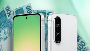 Galaxy A57 5G em destaque com visual premium e design fino em fundo escuro