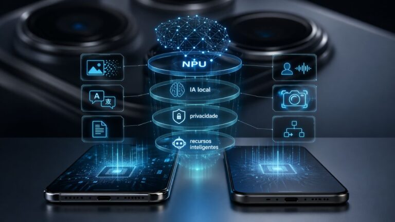 Comparação visual entre smartphones de 2026 destacando IA local, NPU e recursos inteligentes acima da câmera