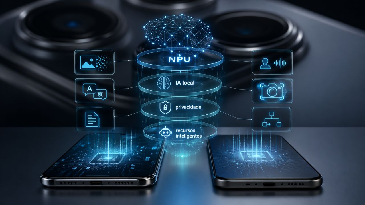 Comparação visual entre smartphones de 2026 destacando IA local, NPU e recursos inteligentes acima da câmera