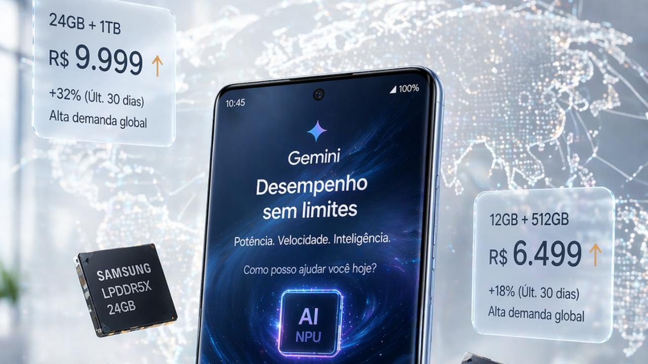 smartphone com chips de memória e preços em alta representando a crise de memória no mercado de celulares em 2026