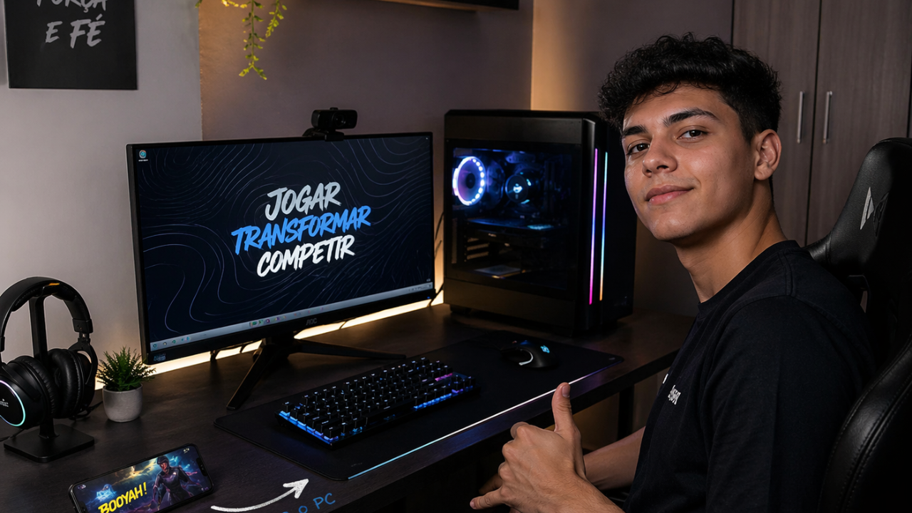 Jogador brasileiro em 2026 migrando do celular para um setup de PC gamer mais sério