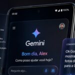 Ilustração de um smartphone Android com interface de IA do Gemini integrada a recursos pessoais e de produtividade