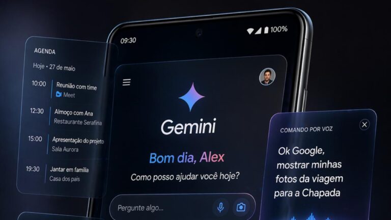 Ilustração de um smartphone Android com interface de IA do Gemini integrada a recursos pessoais e de produtividade