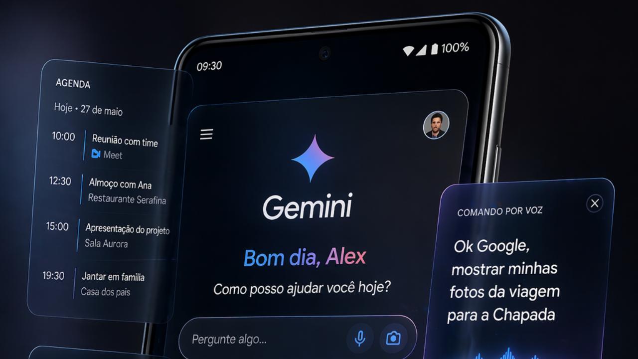 Ilustração de um smartphone Android com interface de IA do Gemini integrada a recursos pessoais e de produtividade
