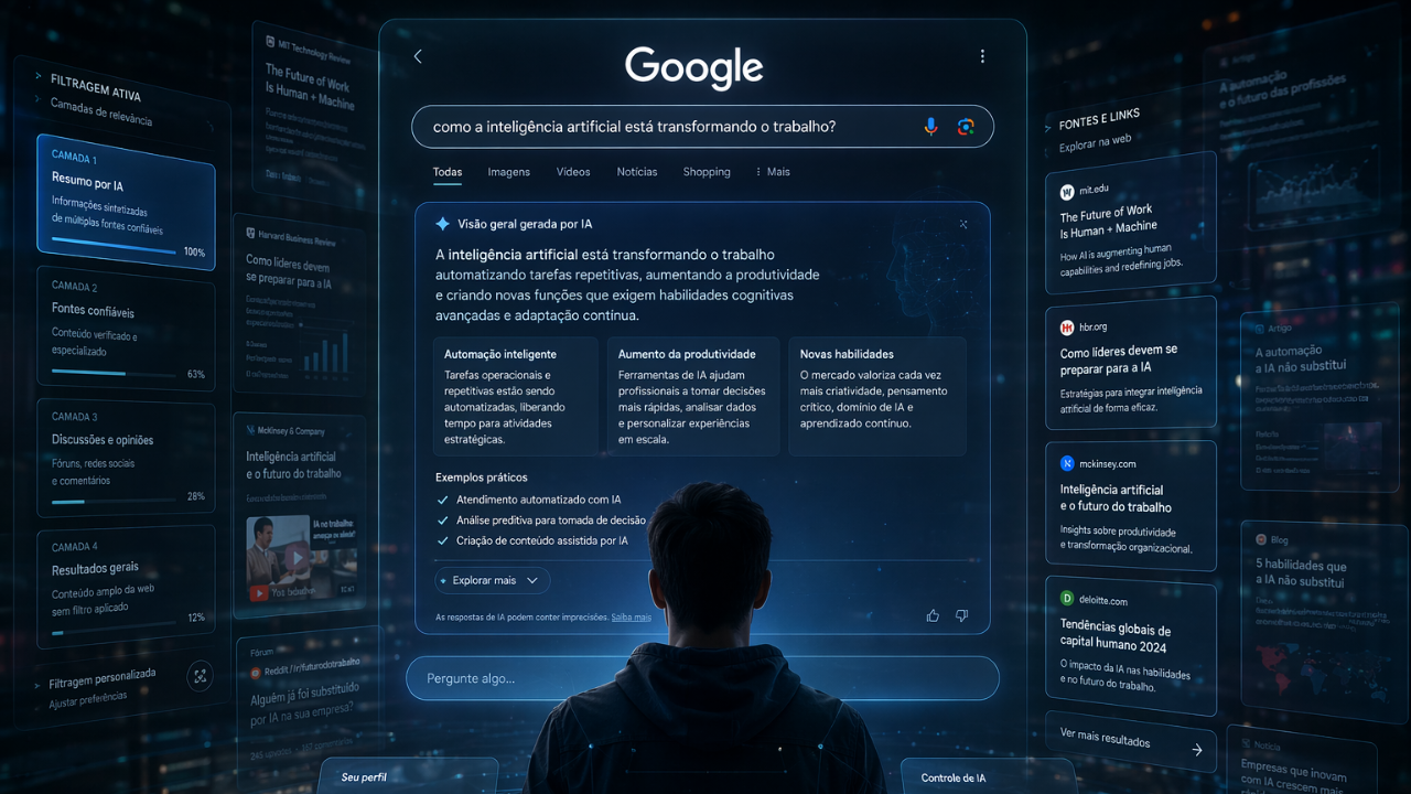 usuário observando uma busca com IA do Google que concentra respostas e reduz a necessidade de abrir sites externos
