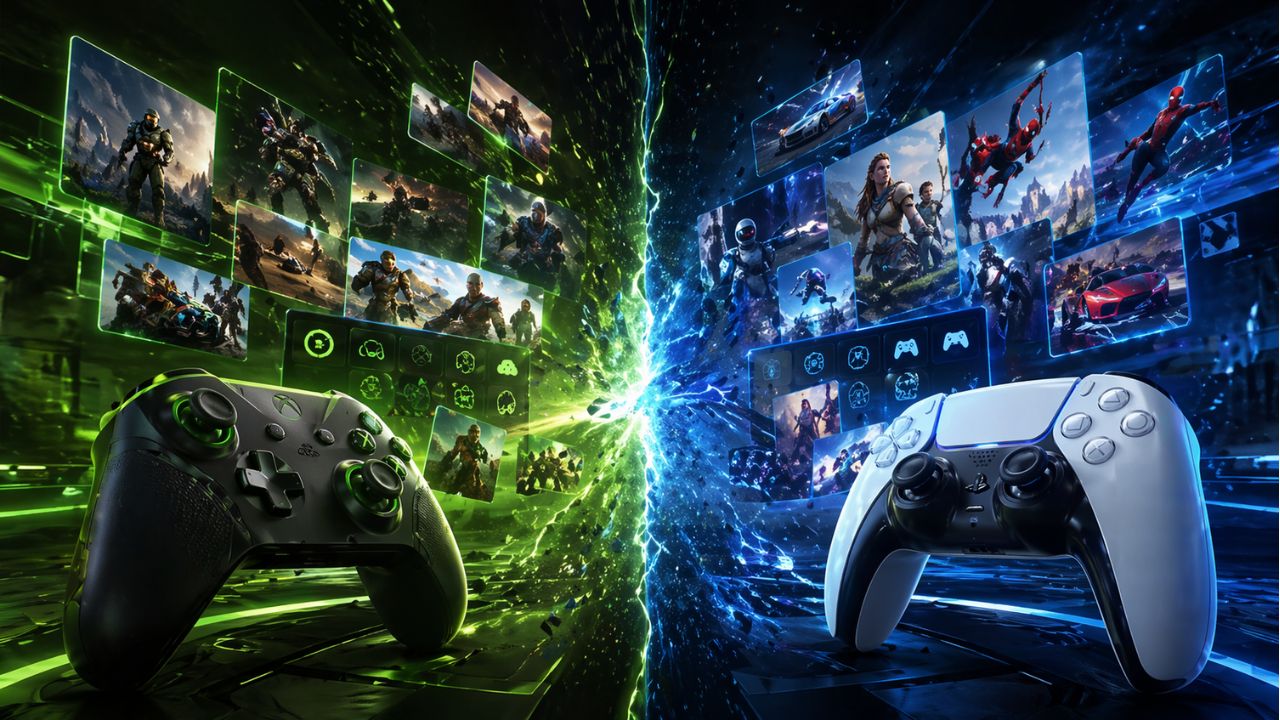 Comparativo visual entre Xbox Game Pass e PlayStation Plus em abril de 2026 com foco em catálogo, preço e valor para gamers.