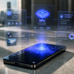 Smartphone premium com IA local, NPU, Galaxy AI e recursos inteligentes destacados em interface holográfica.