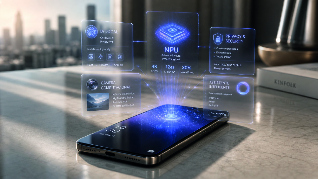 Smartphone premium com IA local, NPU, Galaxy AI e recursos inteligentes destacados em interface holográfica.