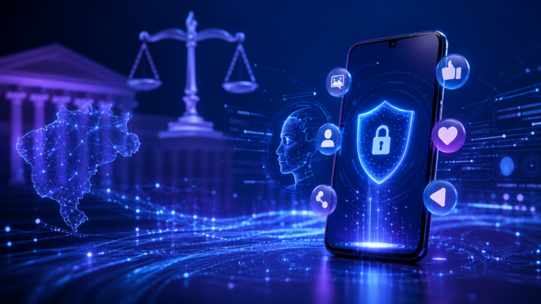 Smartphone com redes sociais, escudo digital e símbolo de justiça representando a regulação das big techs no Brasil.