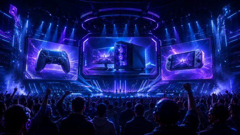 Palco futurista representando o Summer Game Fest 2026 com referências a PS5, Xbox, PC gamer e Nintendo Switch 2.
