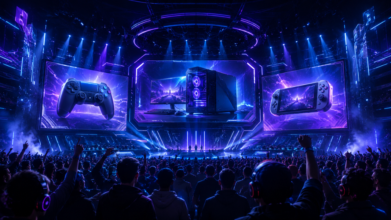 Palco futurista representando o Summer Game Fest 2026 com referências a PS5, Xbox, PC gamer e Nintendo Switch 2.