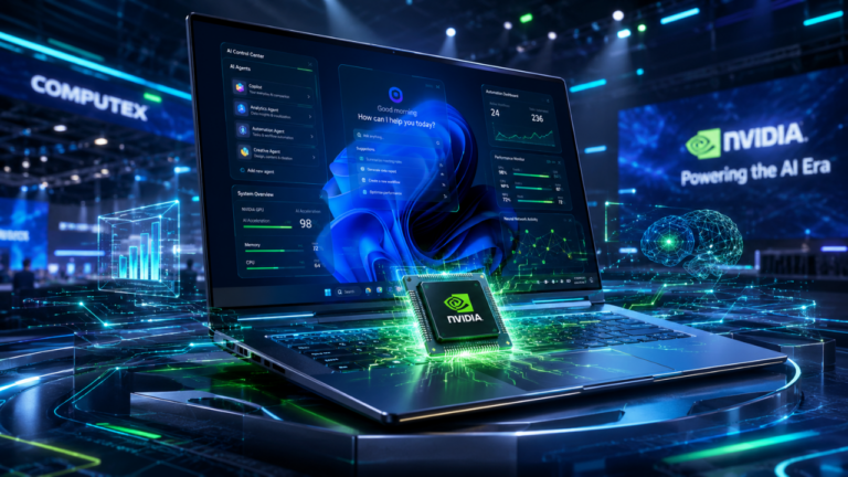 Notebook futurista com Nvidia RTX Spark executando agentes de IA local no Windows.