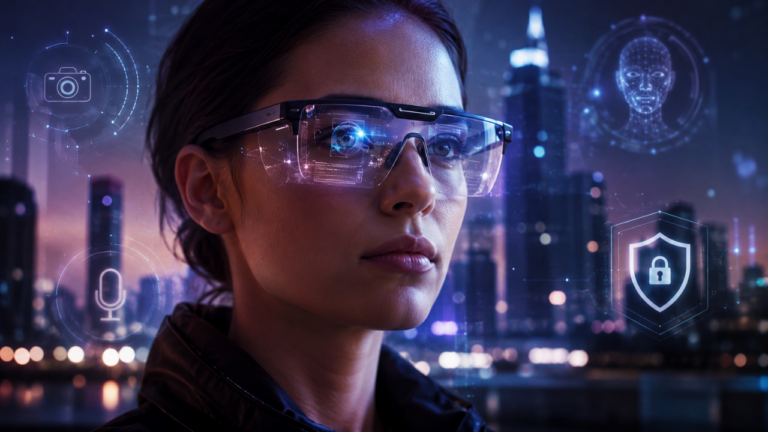 Pessoa usando óculos inteligentes com IA em ambiente urbano, com elementos visuais de privacidade digital, câmera e biometria facial.