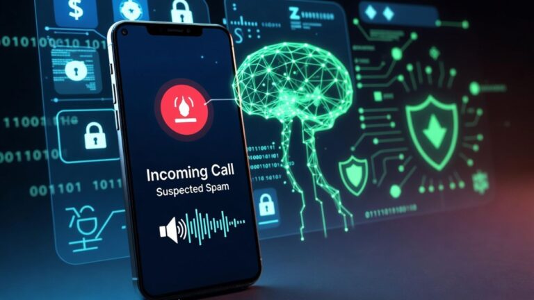 Smartphone Android exibindo alerta de chamada falsa com IA e proteção contra golpe bancário digital.