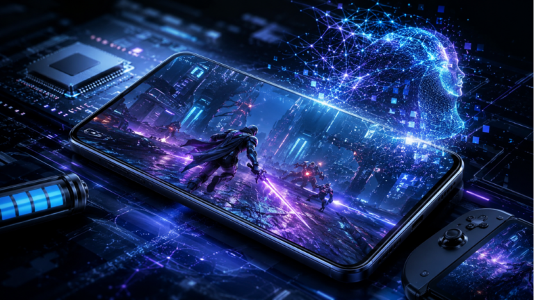 Smartphone gamer Android exibindo gráficos avançados com inteligência artificial e renderização neural inspirada em tecnologias como DLSS.