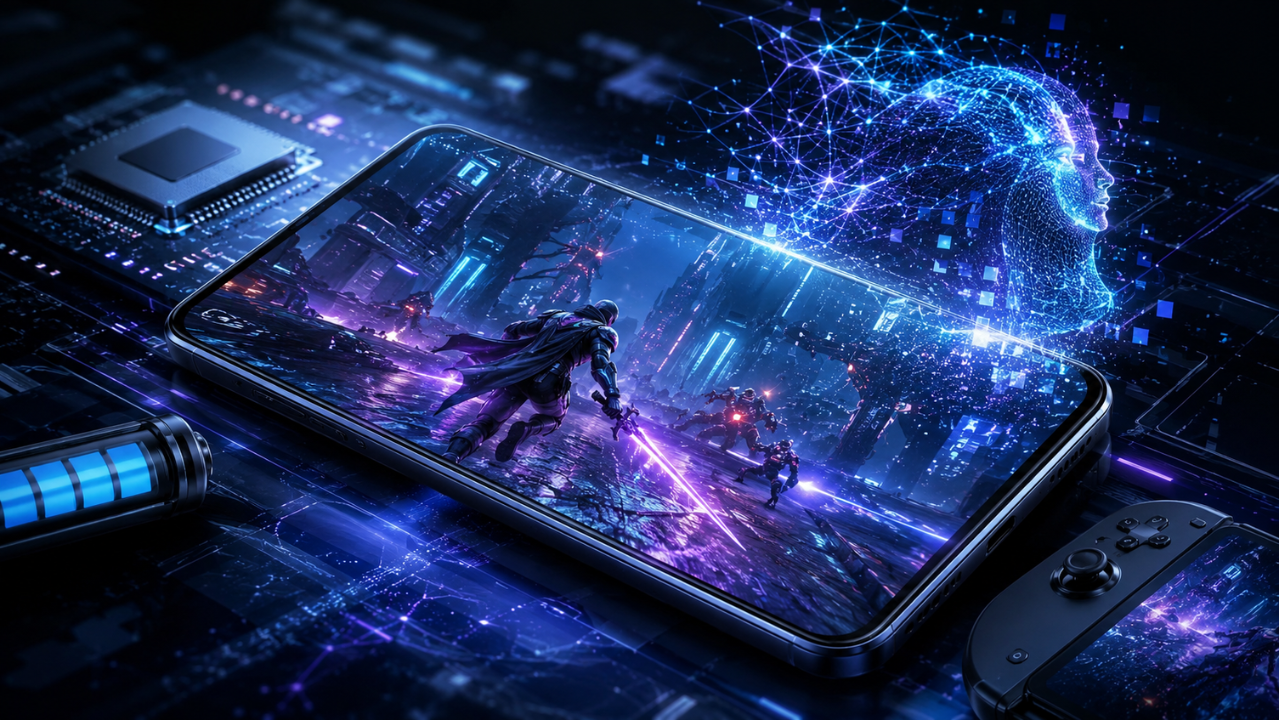 Smartphone gamer Android exibindo gráficos avançados com inteligência artificial e renderização neural inspirada em tecnologias como DLSS.