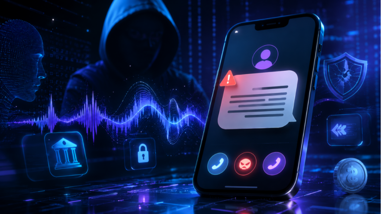 Smartphone recebendo SMS falso com elementos de inteligência artificial, segurança digital, Pix e phishing ao fundo.