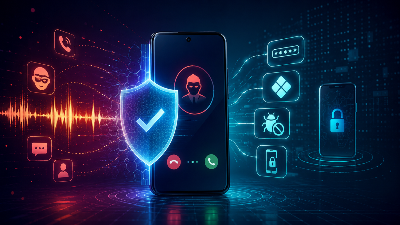 Smartphone Android protegido por escudo digital enquanto bloqueia uma ligação bancária fraudulenta.
