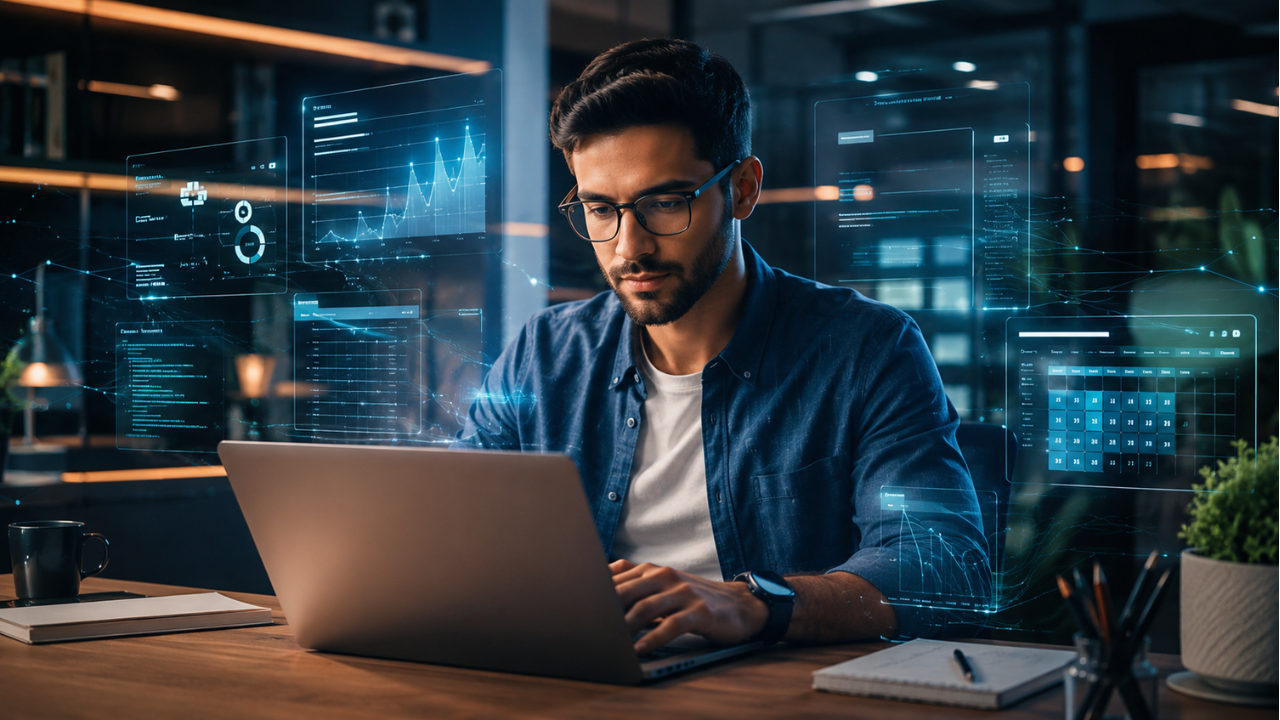 Profissional utilizando ChatGPT no trabalho com recursos de inteligência artificial e produtividade digital