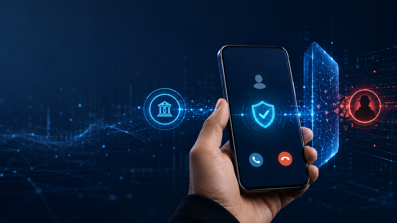 elular Android verificando uma chamada bancária enquanto uma ligação falsificada é bloqueada por uma barreira de segurança.