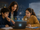 Professora orienta dois estudantes no uso de inteligência artificial diante de símbolos de regras, autoria, privacidade e supervisão.