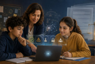 Professora orienta dois estudantes no uso de inteligência artificial diante de símbolos de regras, autoria, privacidade e supervisão.