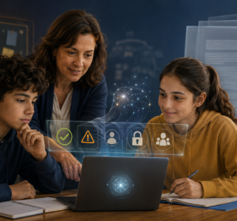 Professora orienta dois estudantes no uso de inteligência artificial diante de símbolos de regras, autoria, privacidade e supervisão.