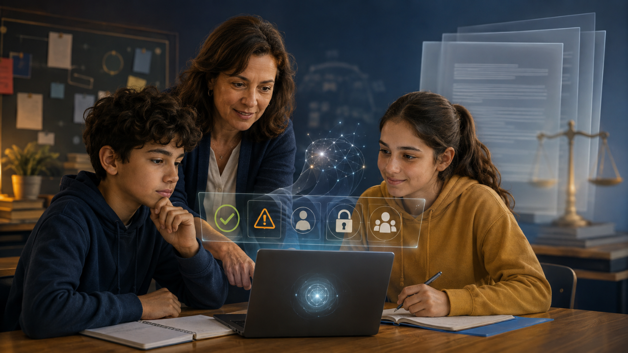 Professora orienta dois estudantes no uso de inteligência artificial diante de símbolos de regras, autoria, privacidade e supervisão.