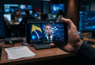 Ilustração de smartphone com vídeo político manipulado por inteligência artificial representando deepfake eleitoral