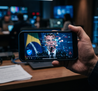 Ilustração de smartphone com vídeo político manipulado por inteligência artificial representando deepfake eleitoral