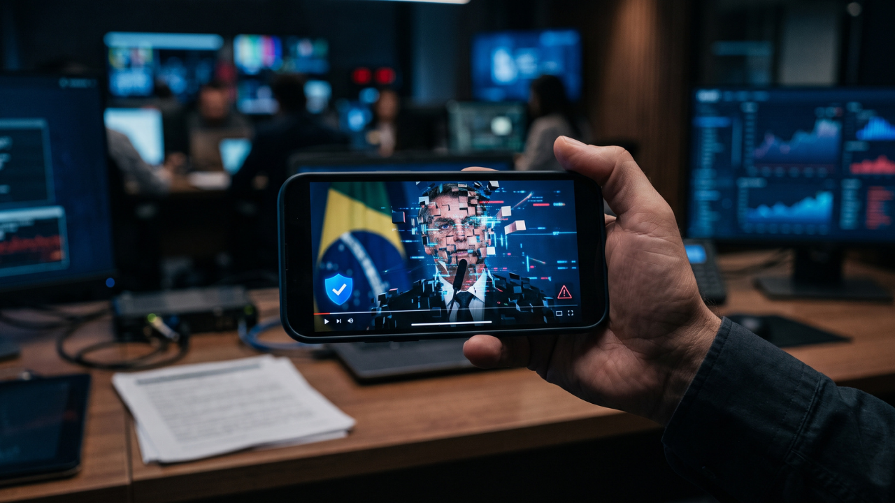 Ilustração de smartphone com vídeo político manipulado por inteligência artificial representando deepfake eleitoral