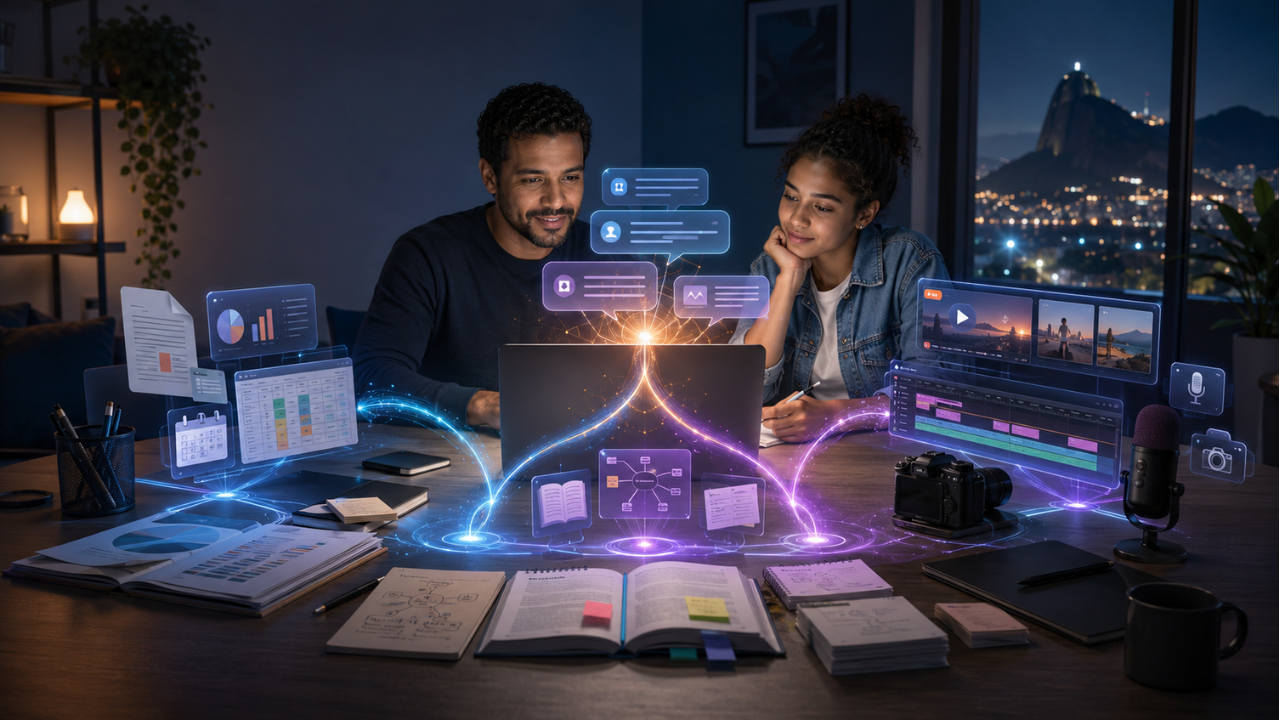 Profissional e estudante usam inteligência artificial para trabalho, estudo e criação de conteúdo