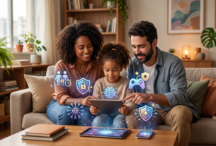 protecao-de-criancas-na-internet. Família configurando recursos de segurança e controle parental em dispositivos usados por crianças. Proteção Entenda como proteger crianças e adolescentes em apps, jogos, redes sociais e ferramentas de IA com supervisão, privacidade, diálogo e controle parental.