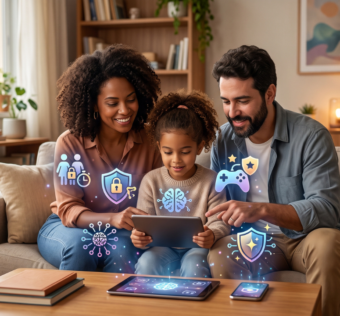 protecao-de-criancas-na-internet. Família configurando recursos de segurança e controle parental em dispositivos usados por crianças. Proteção Entenda como proteger crianças e adolescentes em apps, jogos, redes sociais e ferramentas de IA com supervisão, privacidade, diálogo e controle parental.