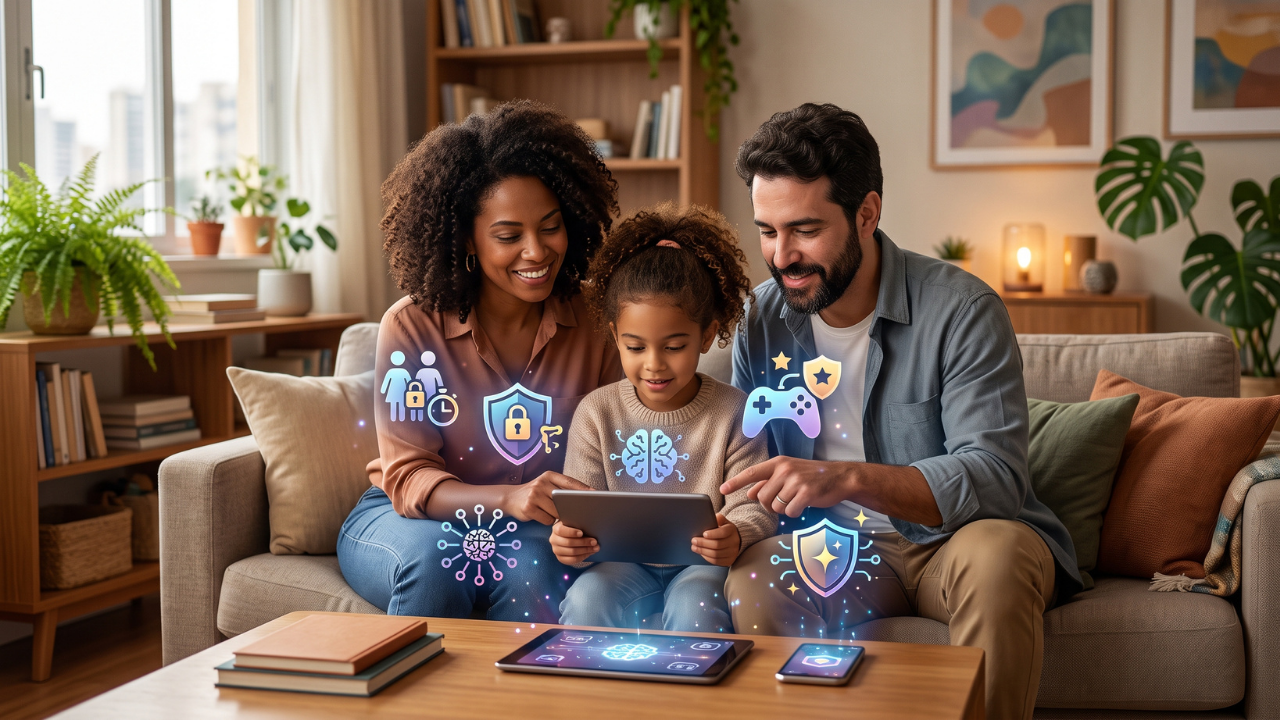 protecao-de-criancas-na-internet. Família configurando recursos de segurança e controle parental em dispositivos usados por crianças. Proteção Entenda como proteger crianças e adolescentes em apps, jogos, redes sociais e ferramentas de IA com supervisão, privacidade, diálogo e controle parental.