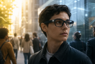 Pessoa usa óculos inteligentes com luz de captura em uma rua, entre símbolos de assistência por IA e proteção de privacidade.