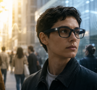 Pessoa usa óculos inteligentes com luz de captura em uma rua, entre símbolos de assistência por IA e proteção de privacidade.