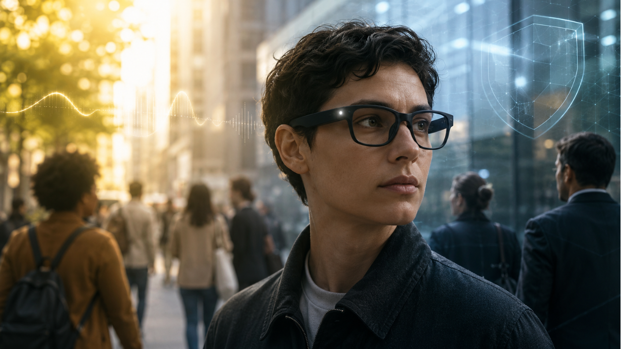 Pessoa usa óculos inteligentes com luz de captura em uma rua, entre símbolos de assistência por IA e proteção de privacidade.