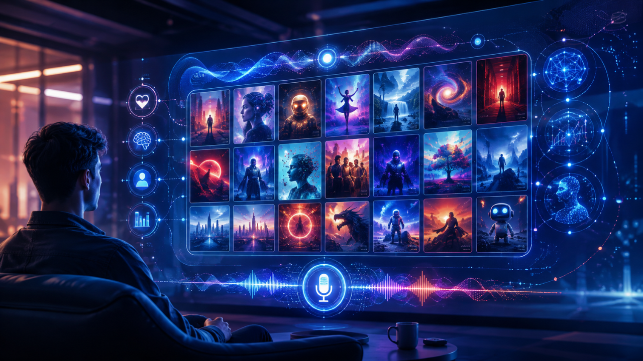 Interface de streaming usando inteligência artificial para recomendar filmes e séries conforme o perfil do usuário.