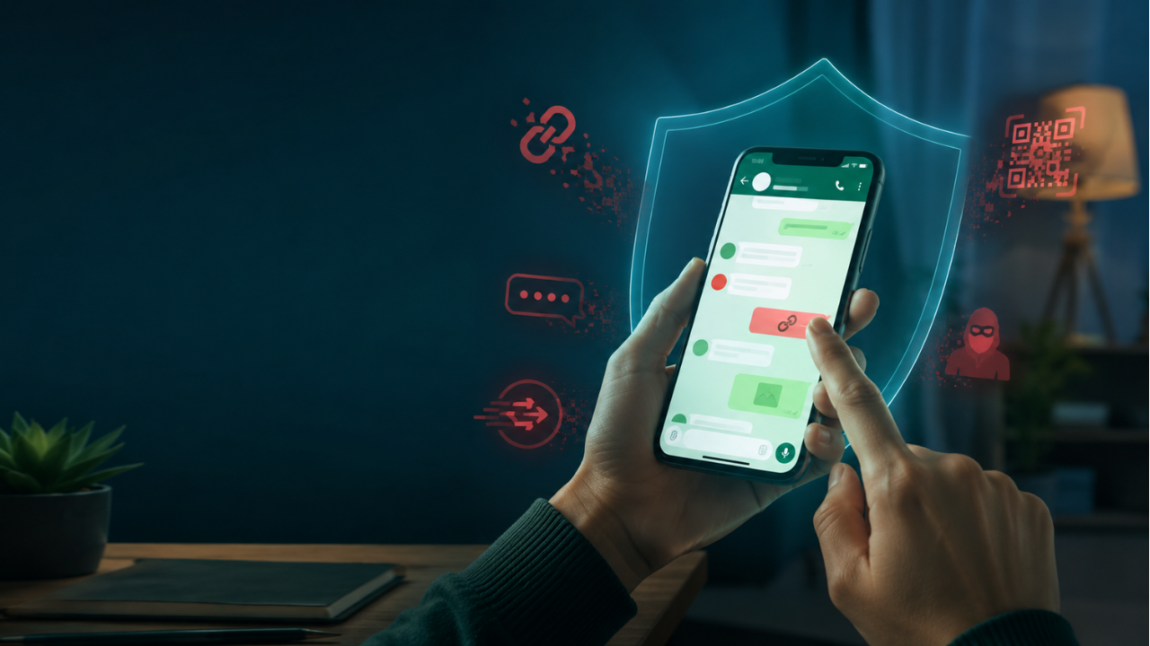 Pessoa protege aplicativo de mensagens no celular contra link malicioso, QR Code falso e tentativa de roubo da conta. proteger WhatsApp