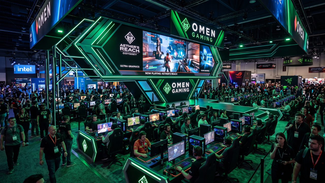 Estande iluminado da Xbox em um evento de games com várias estações de demonstração e público testando jogos.