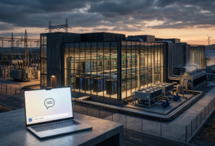 Notebook com assistente de IA diante de data center, rede elétrica e fontes renováveis