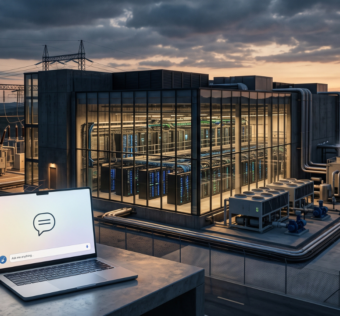 Notebook com assistente de IA diante de data center, rede elétrica e fontes renováveis