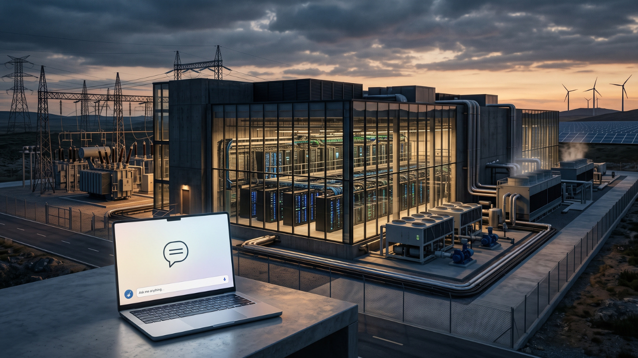 Notebook com assistente de IA diante de data center, rede elétrica e fontes renováveis