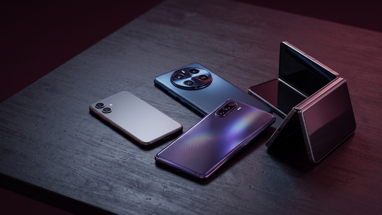 Quatro smartphones premium genéricos, incluindo um dobrável aberto, alinhados em cenário escuro para um comparativo de 2026.