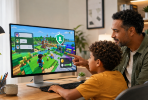 Pai orienta criança em jogo online com controles de chat, privacidade e compras na tela