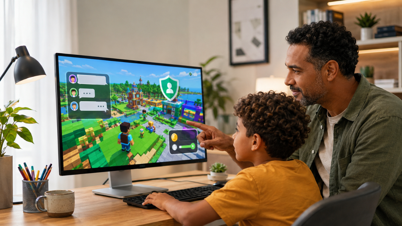 Pai orienta criança em jogo online com controles de chat, privacidade e compras na tela